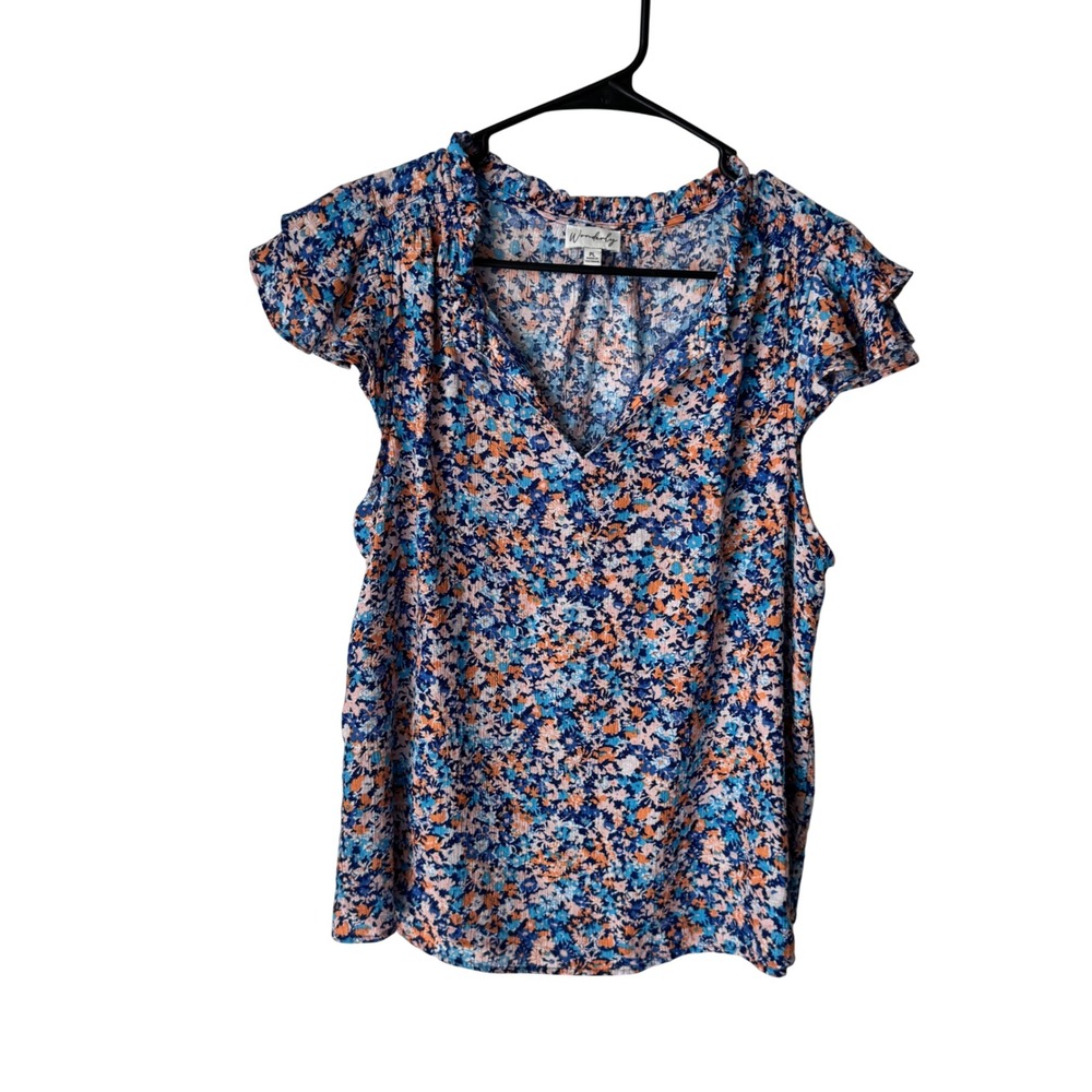 Wonderly Womens Blue Orange Floral Flutter Sleeve Ruffle Neck Blouse PL Petite L